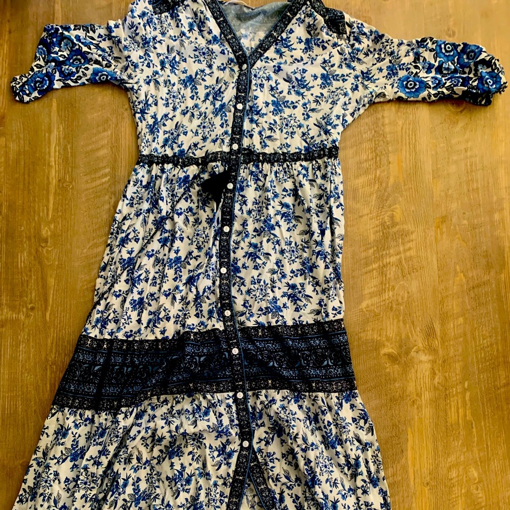 Long, flowy, blue and white floral dress